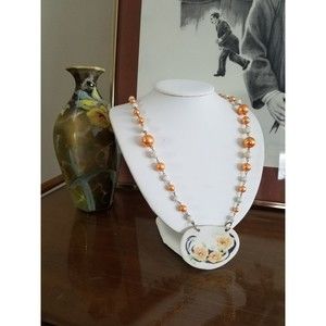 Vintage Floral Beaded Porcelain Pendant Necklace